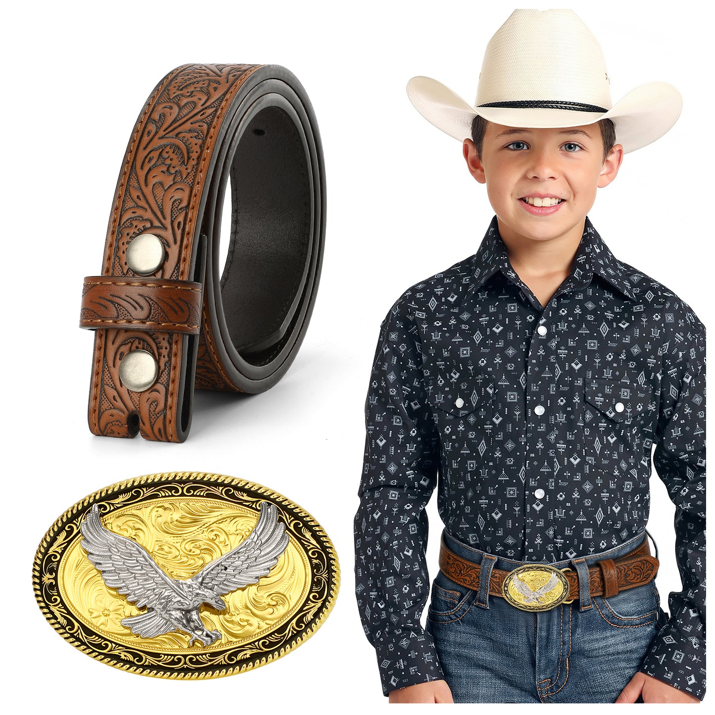 SUOSDEY Kid Western Leather Belts for Boys Girls Embossed Belt for Jeans Pant Dresses Birthday Christmas Gifts