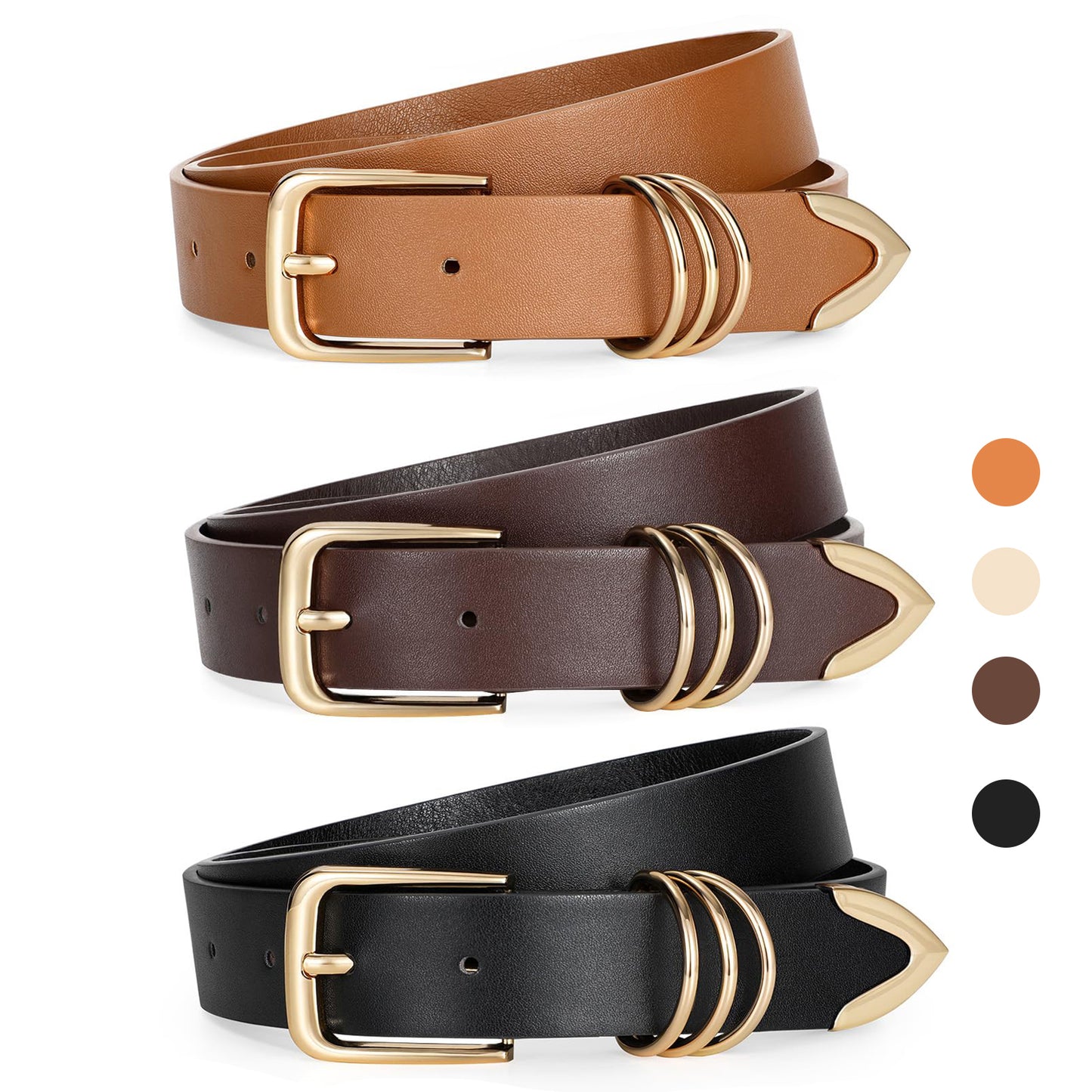 SUOSDEY 3 Pack Women's Leather Belts for Jeans Dress Pants Fashion Ladies Leather Belts with Gold Buckle