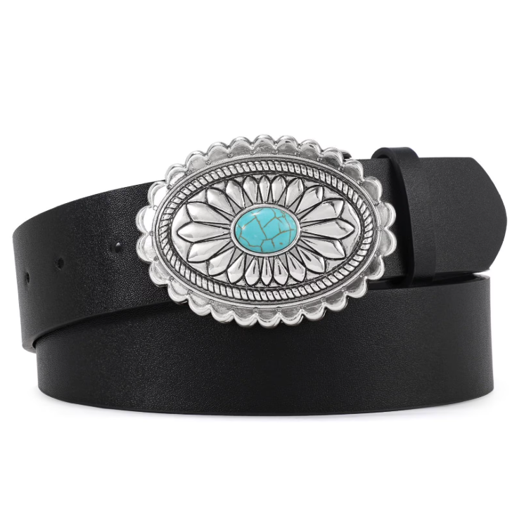 SUOSDEY Turquoise Buckle Western Leather Belt for Women Men Cowgirl Cowboy Concho Leather Belt