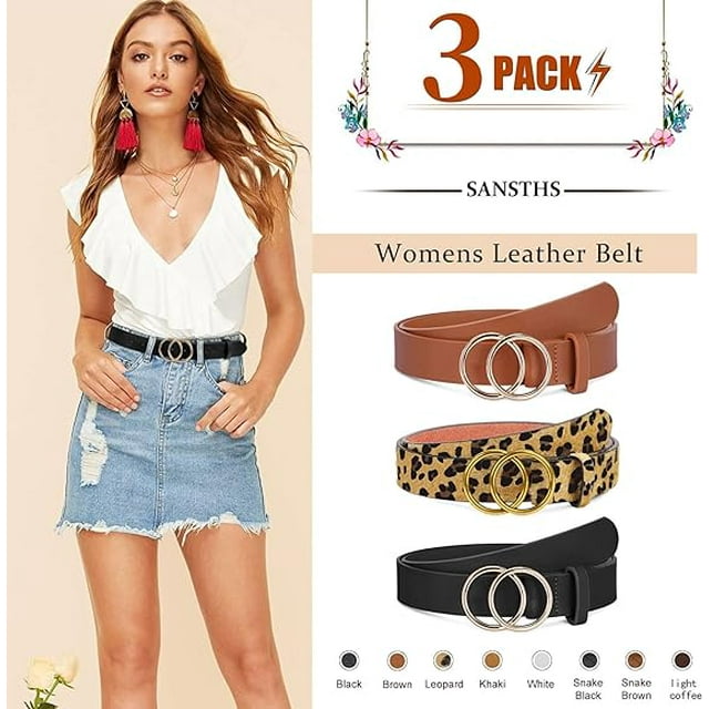 SUOSDEY Double Ring Belt for Women 2pack Leather Waist Belt for Dress Jeans Pants