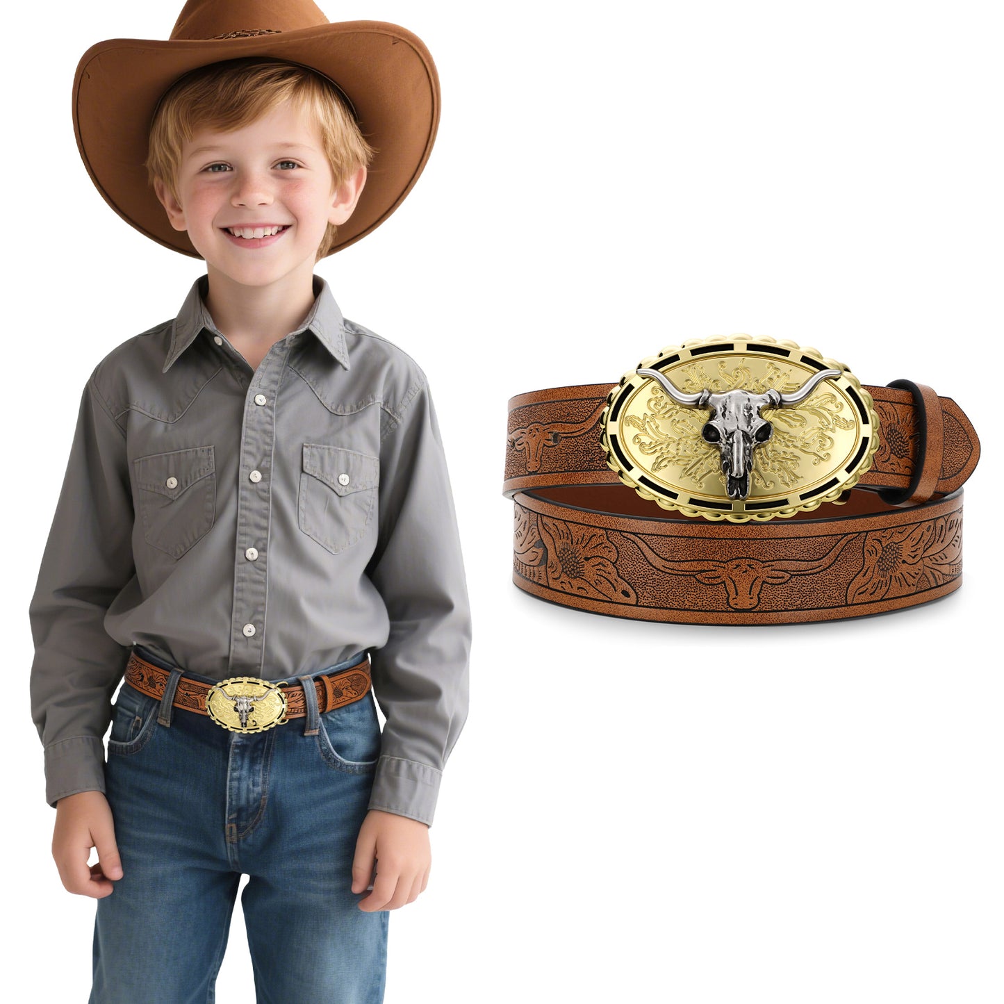 SUOSDEY Kid Western Leather Belts for Boys Girls Embossed Belt for Jeans Pant Dresses Birthday Christmas Gifts