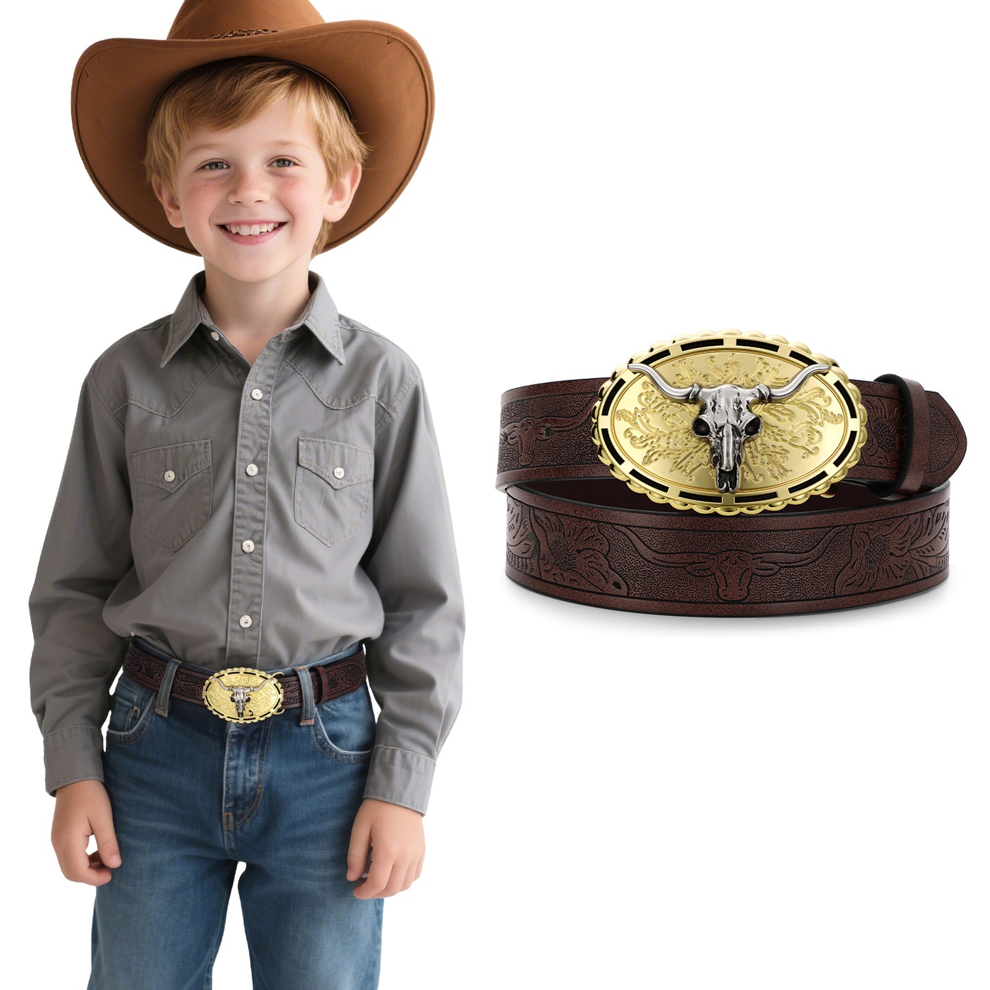 SUOSDEY Kid Western Leather Belts for Boys Girls Embossed Belt for Jeans Pant Dresses Birthday Christmas Gifts