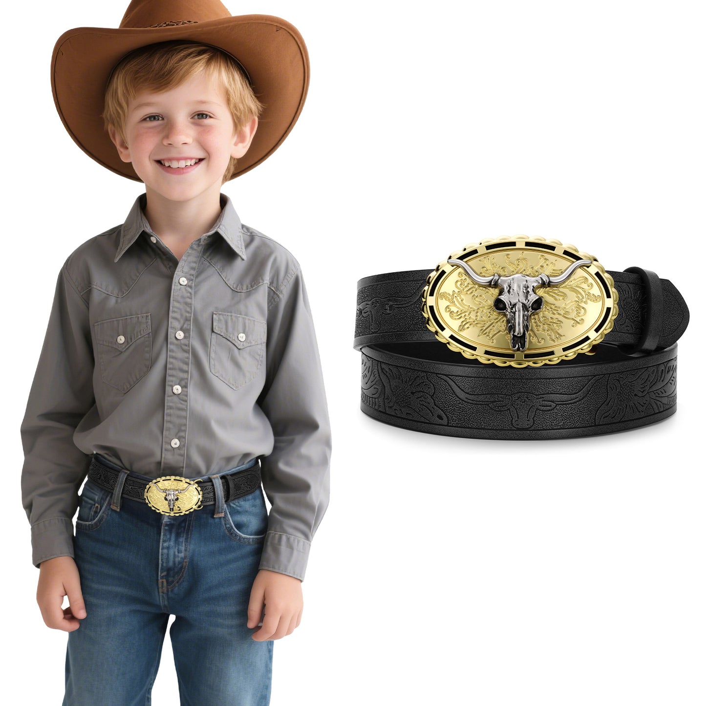 SUOSDEY Kid Western Leather Belts for Boys Girls Embossed Belt for Jeans Pant Dresses Birthday Christmas Gifts