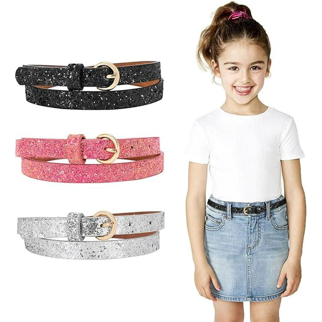 3 Pack Glitter Girls Belt Colorful Kids Skinny Belts for Jeans Dress