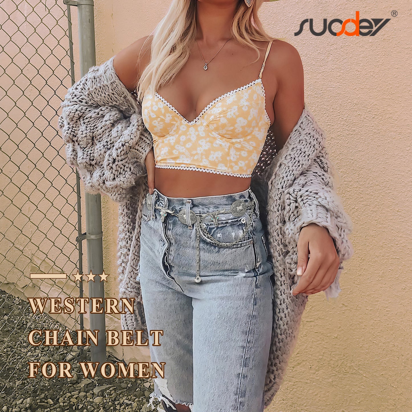 SUOSDEY Women Silver Concho Chain Waist Belt Western Cowgirl Metal Chain Belt for Dress Adjustable