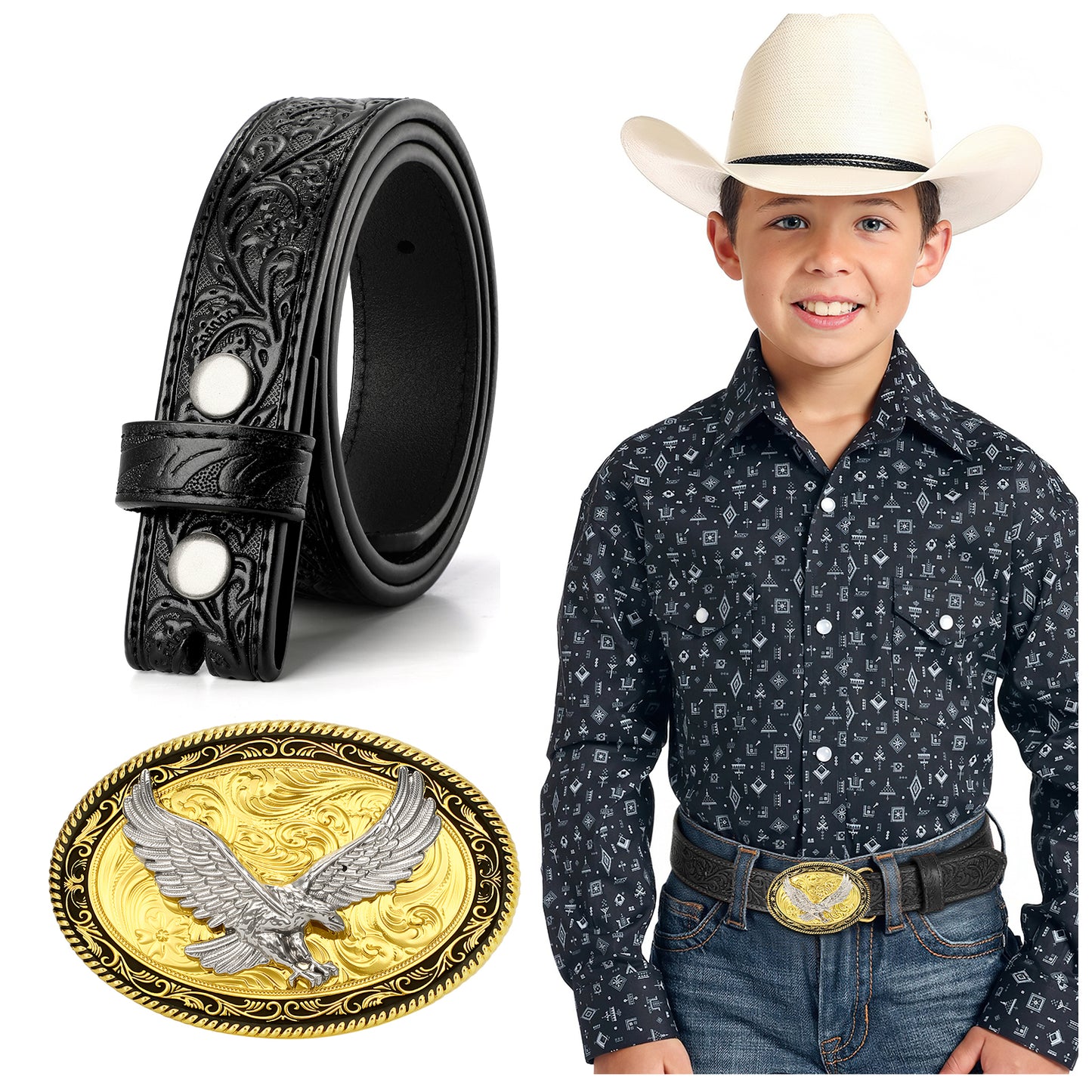 SUOSDEY Kid Western Leather Belts for Boys Girls Embossed Belt for Jeans Pant Dresses Birthday Christmas Gifts