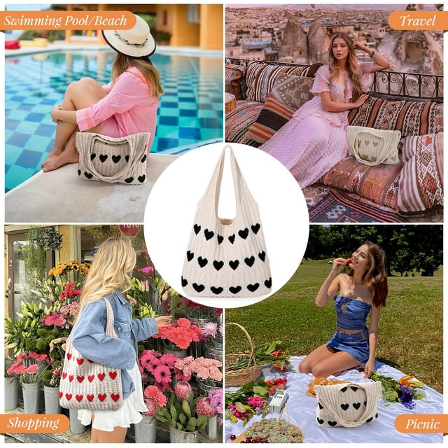SUOSDEY Summer Beach Tote Bag with Heart Knit,Hollow Crochet Shoulder Bag Aesthetic Boho Hobo Bag