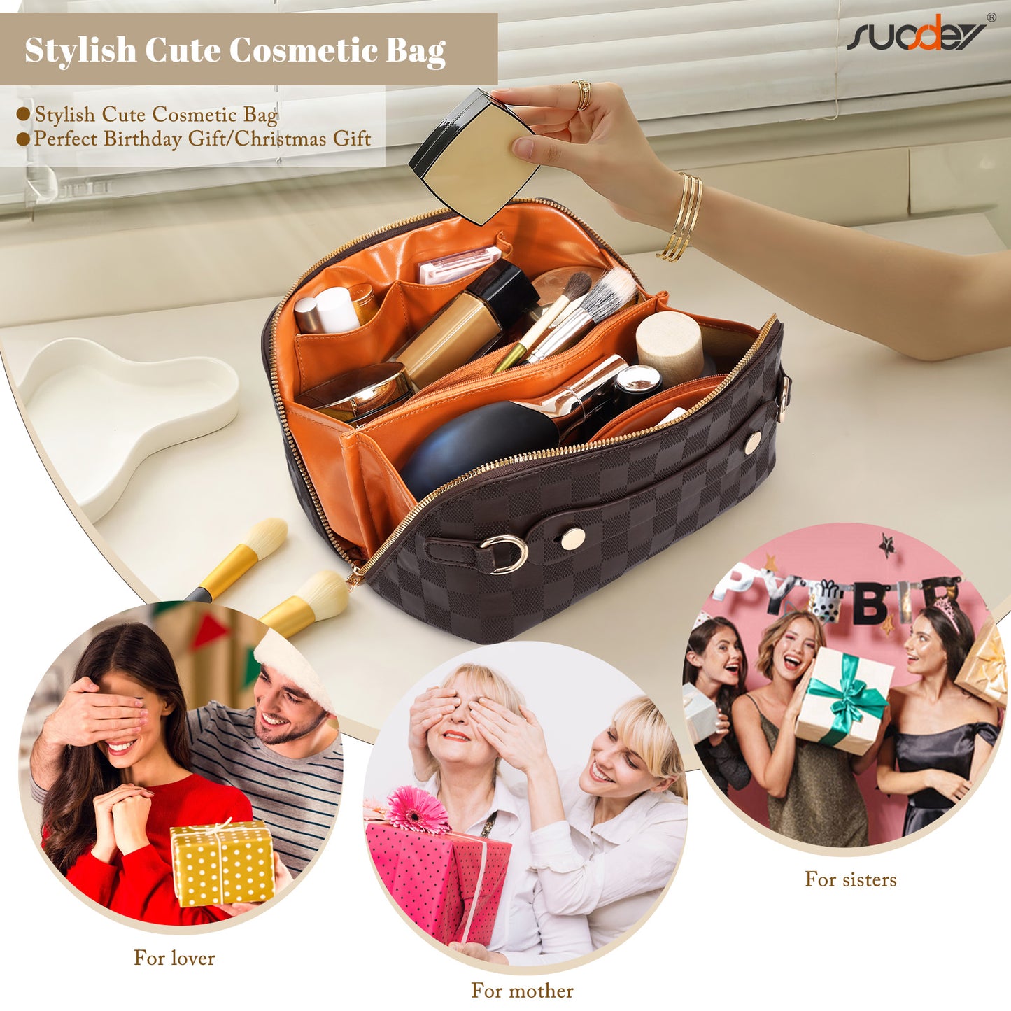 SUOSDEY 2 in 1 Crossbody Makeup Bag,Travel Luxury Leather Cosmetic Bag Organizer Set(Black,Checkerboard pattern)