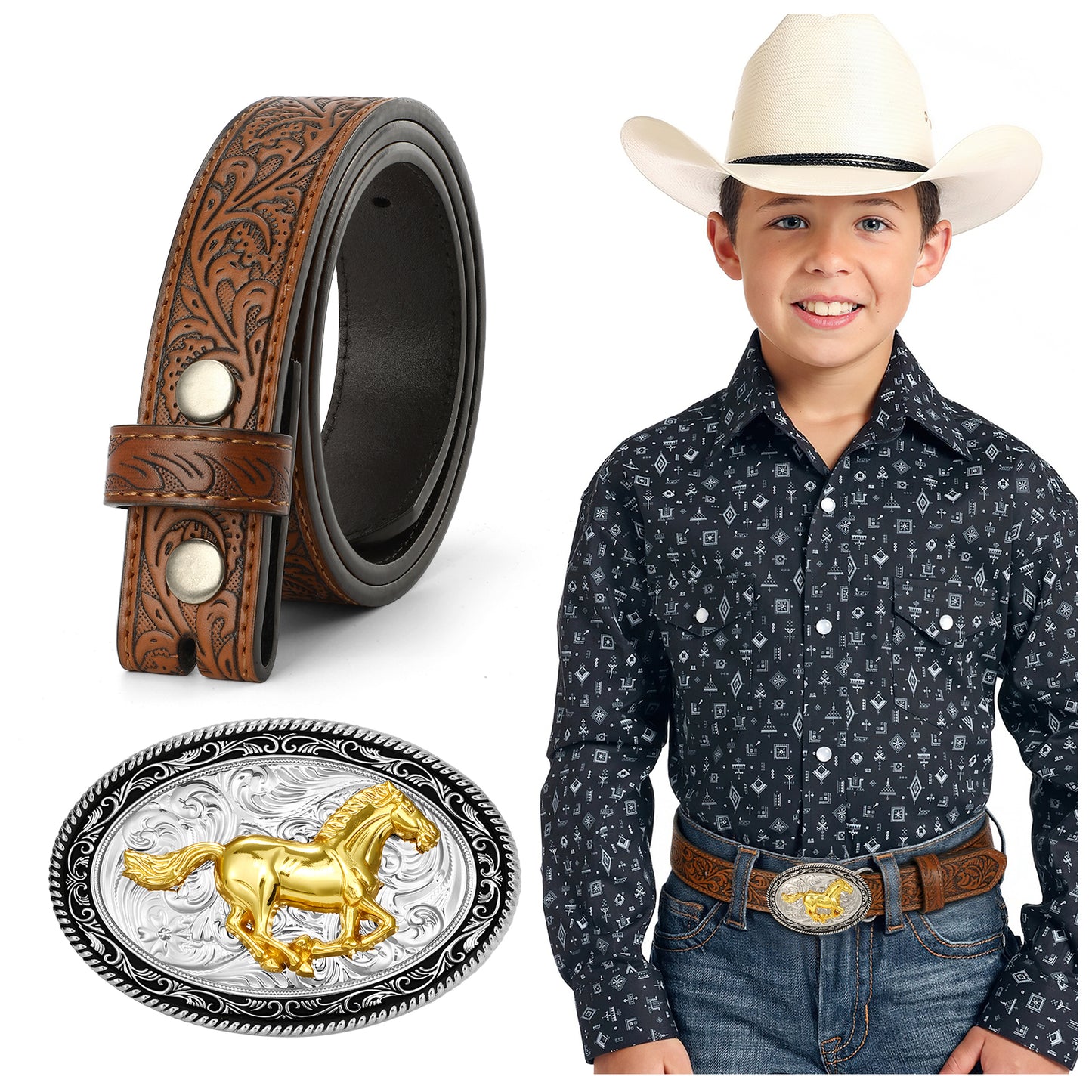 SUOSDEY Kid Western Leather Belts for Boys Girls Embossed Belt for Jeans Pant Dresses Birthday Christmas Gifts