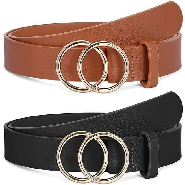 SUOSDEY Double Ring Belt for Women 2pack Leather Waist Belt for Dress Jeans Pants