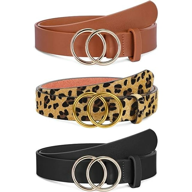 SUOSDEY Double Ring Belt for Women 2pack Leather Waist Belt for Dress Jeans Pants