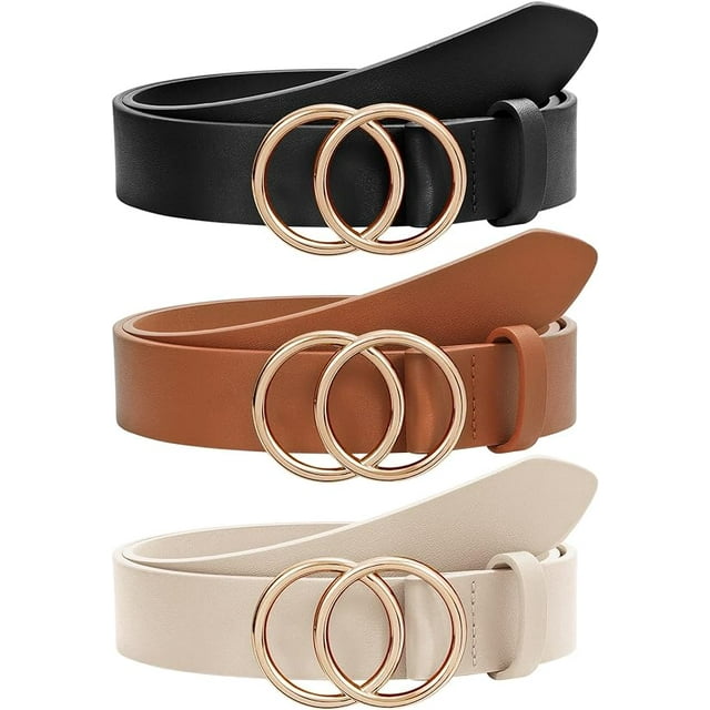SUOSDEY Double Ring Belt for Women 2pack Leather Waist Belt for Dress Jeans Pants