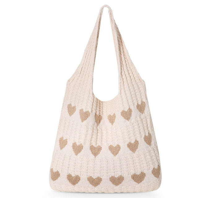 SUOSDEY Summer Beach Tote Bag with Heart Knit,Hollow Crochet Shoulder Bag Aesthetic Boho Hobo Bag