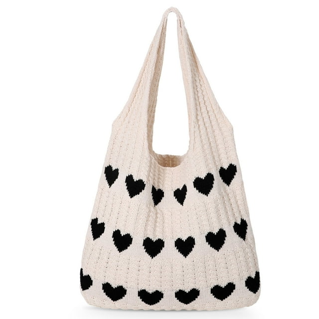 SUOSDEY Summer Beach Tote Bag with Heart Knit,Hollow Crochet Shoulder Bag Aesthetic Boho Hobo Bag