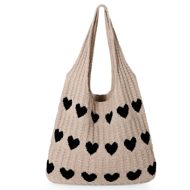 SUOSDEY Summer Beach Tote Bag with Heart Knit,Hollow Crochet Shoulder Bag Aesthetic Boho Hobo Bag