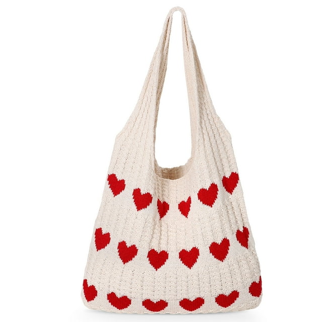 SUOSDEY Summer Beach Tote Bag with Heart Knit,Hollow Crochet Shoulder Bag Aesthetic Boho Hobo Bag