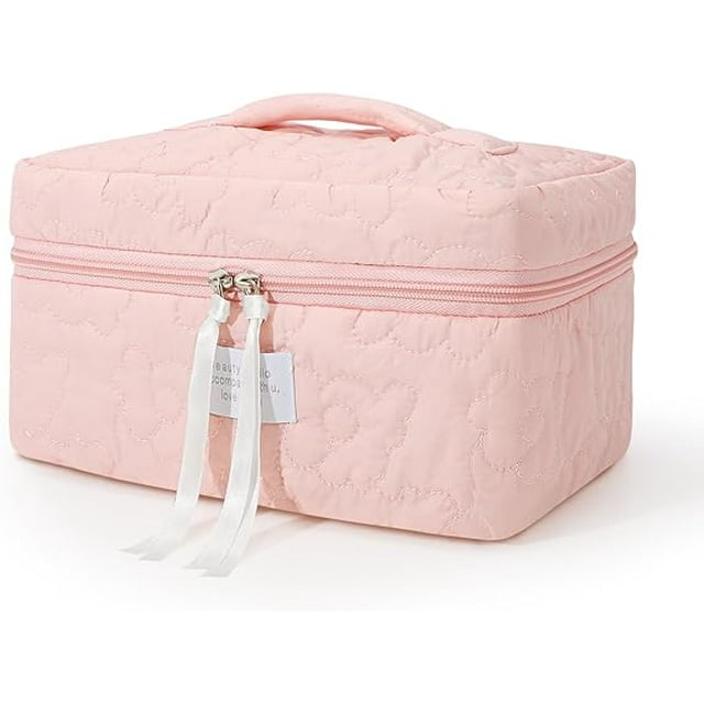 SUOSDEY Women Girls Cotton Travel Makeup Bag,Portable Large Cosmetic Toiletry Bag Organizer Box