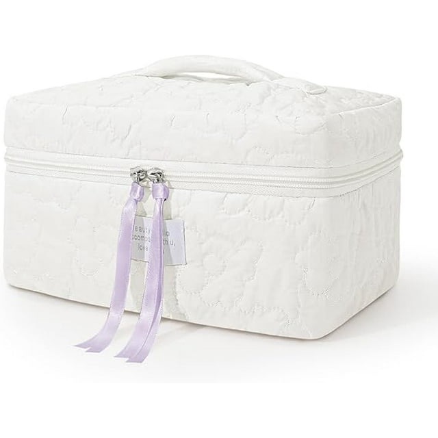 SUOSDEY Women Girls Cotton Travel Makeup Bag,Portable Large Cosmetic Toiletry Bag Organizer Box