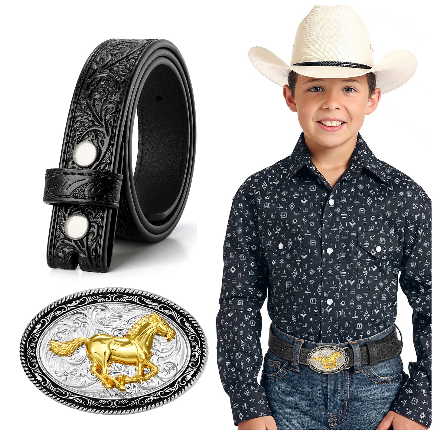 SUOSDEY Kid Western Leather Belts for Boys Girls Embossed Belt for Jeans Pant Dresses Birthday Christmas Gifts