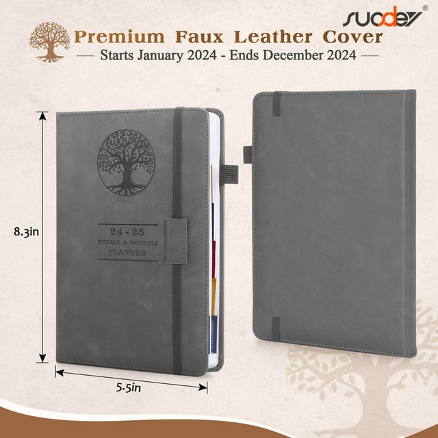 SUOSDEY Grey 2024 Leather Calendar Notebook,Weekly Monthly Appointment Planner for Time Management