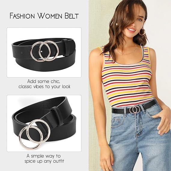 SUOSDEY Double Ring Belt for Women 2pack Leather Waist Belt for Dress Jeans Pants