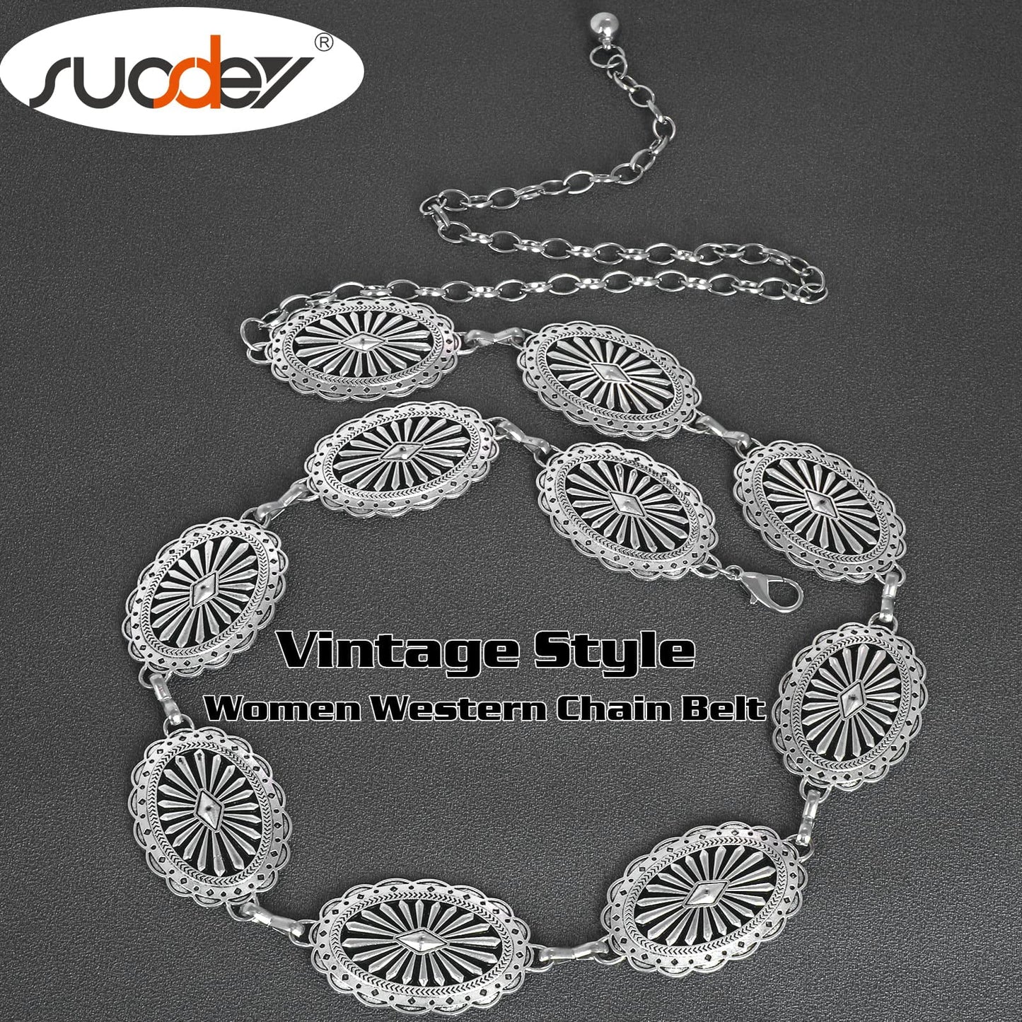 SUOSDEY Women Silver Concho Chain Waist Belt Western Cowgirl Metal Chain Belt for Dress Adjustable