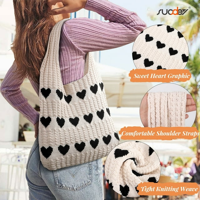 SUOSDEY Summer Beach Tote Bag with Heart Knit,Hollow Crochet Shoulder Bag Aesthetic Boho Hobo Bag