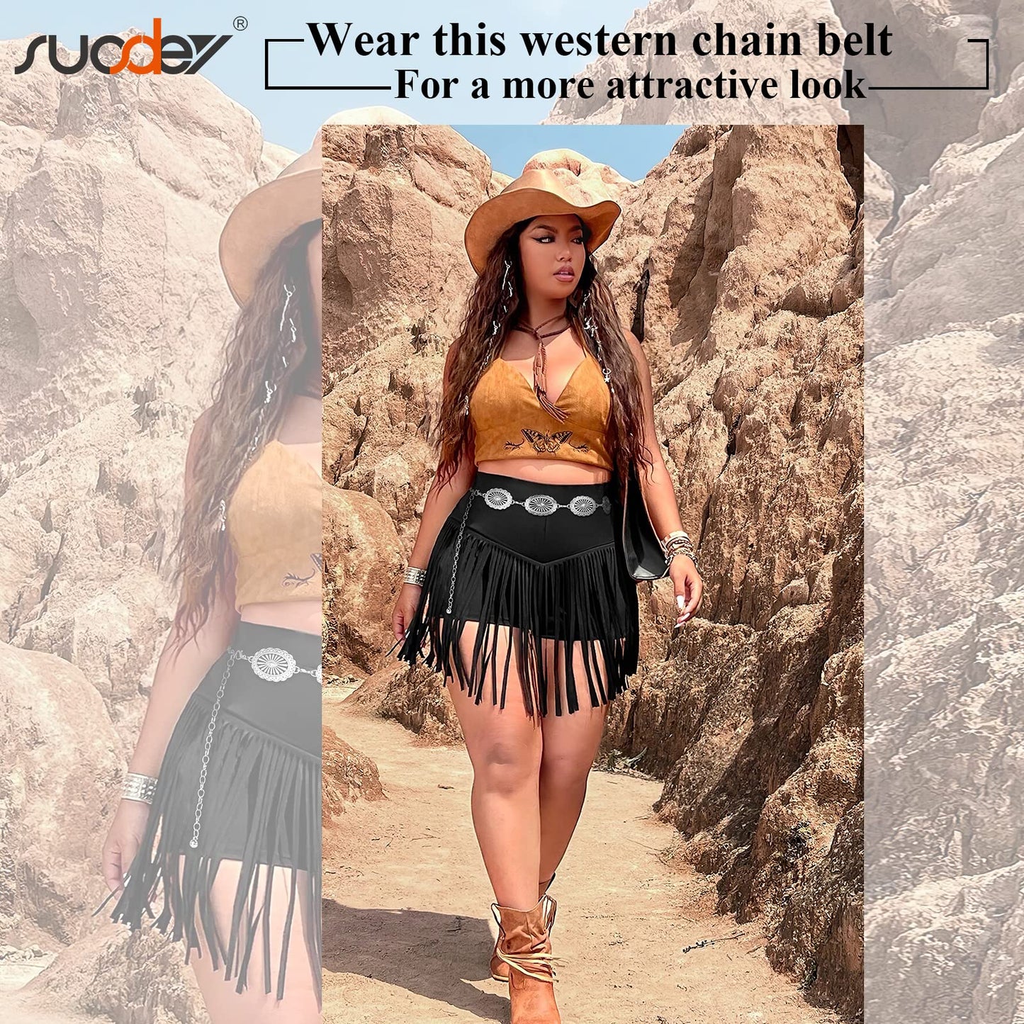SUOSDEY Women Silver Concho Chain Waist Belt Western Cowgirl Metal Chain Belt for Dress Adjustable