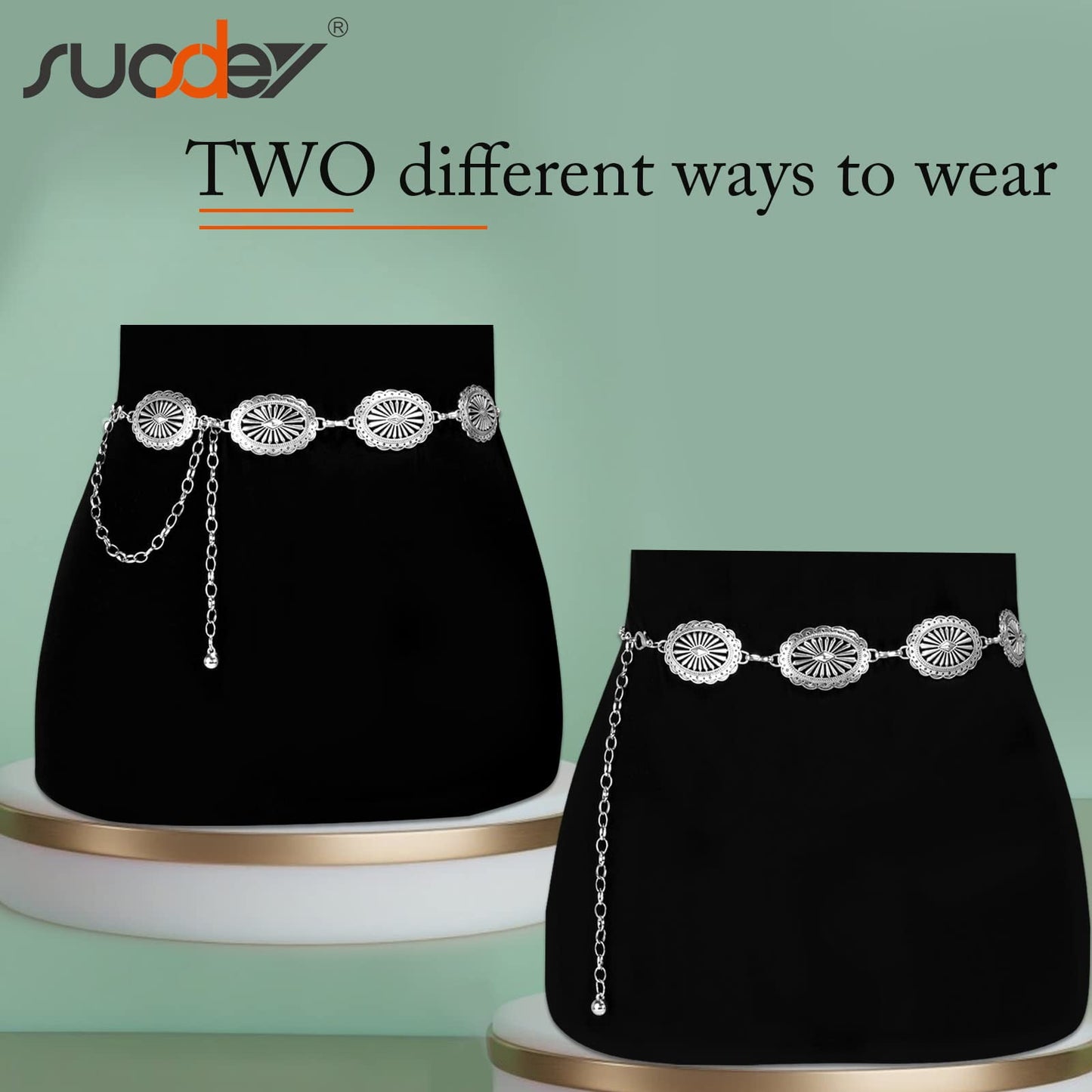 SUOSDEY Women Silver Concho Chain Waist Belt Western Cowgirl Metal Chain Belt for Dress Adjustable