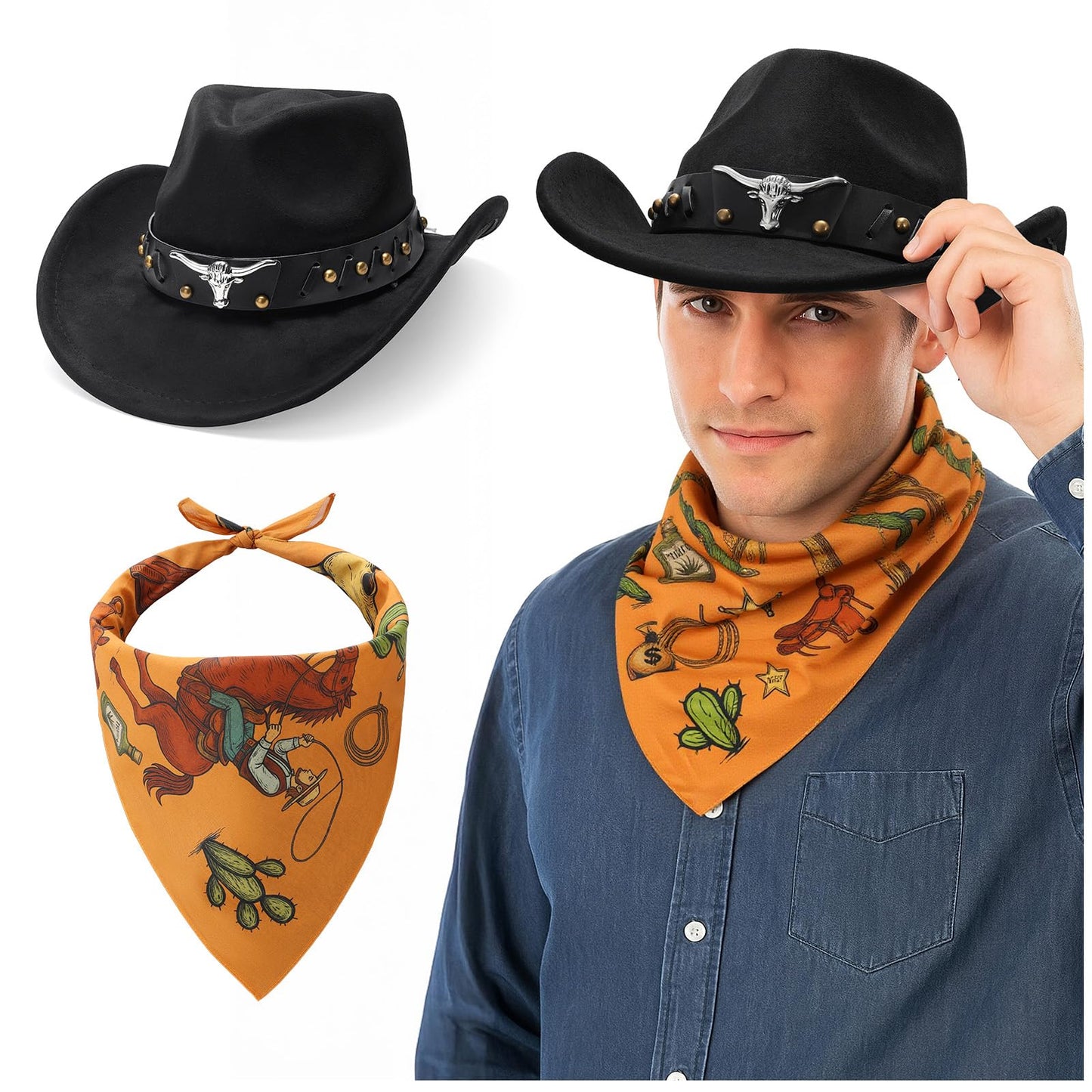 SUOSDEY Cowboy Western Hats for Men with Bandanas Costume Set Wide Brim Western Style Hat for Rodeo Party Favors