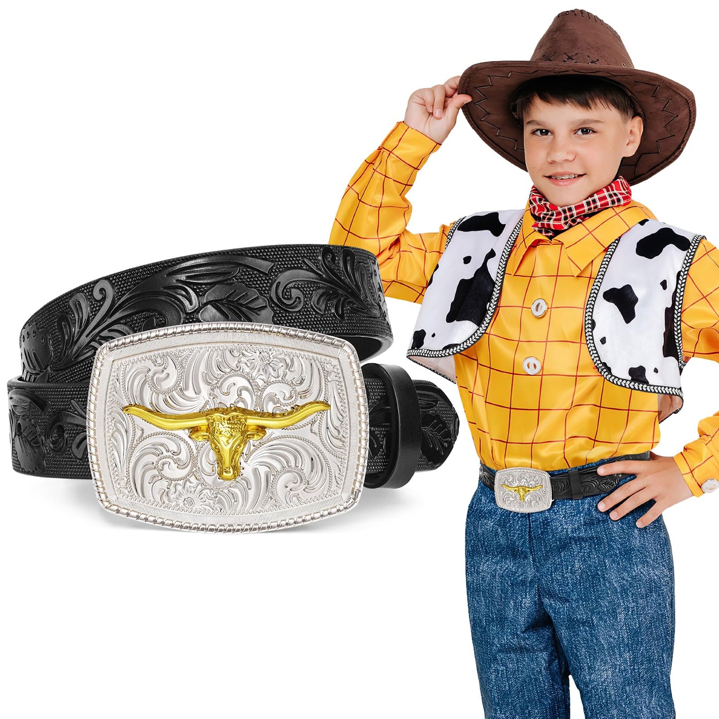 SUOSDEY Kid Western Leather Belts for Boys Girls Embossed Belt for Jeans Pant Dresses Birthday Christmas Gifts