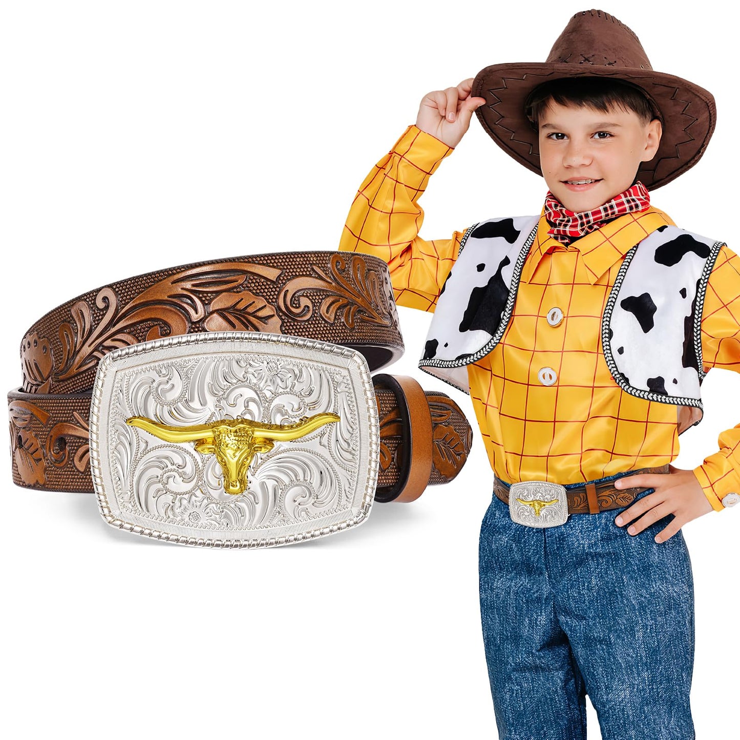 SUOSDEY Kid Western Leather Belts for Boys Girls Embossed Belt for Jeans Pant Dresses Birthday Christmas Gifts