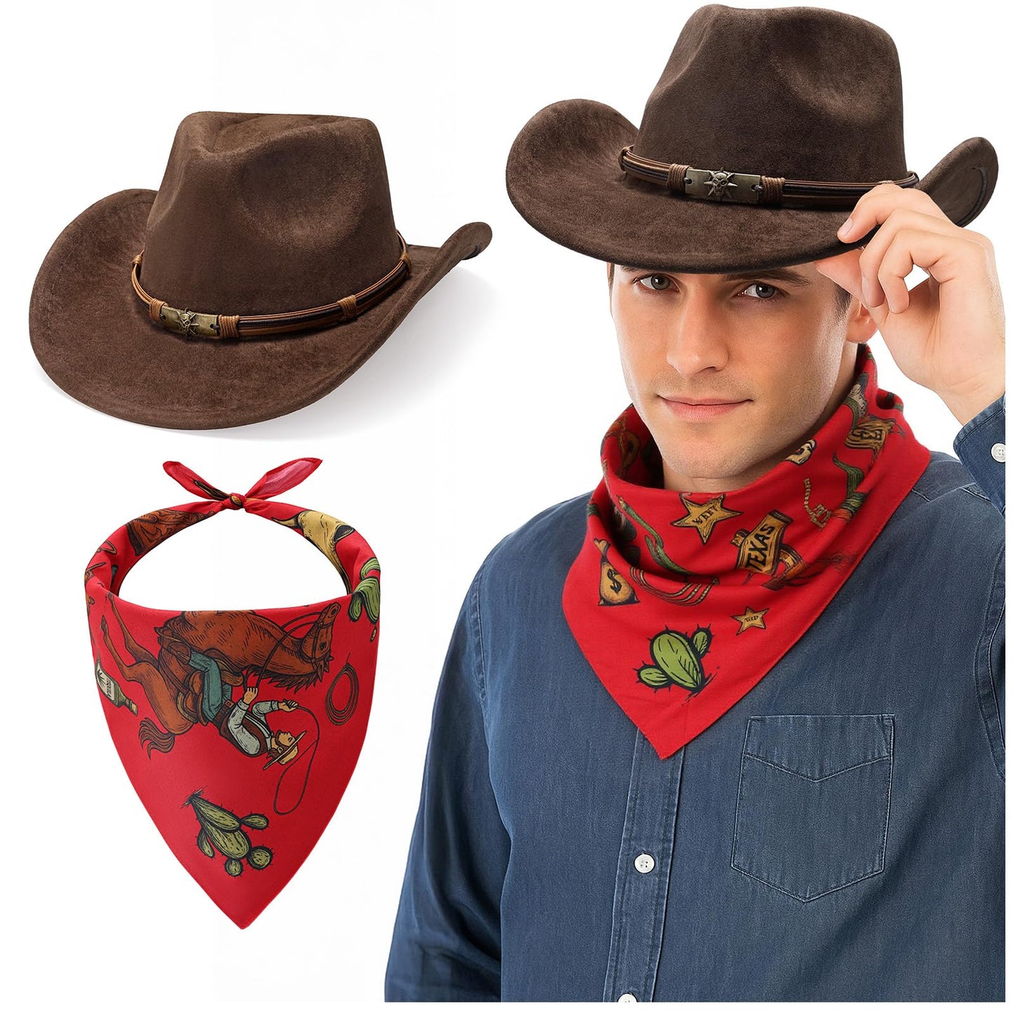 SUOSDEY Cowboy Western Hats for Men with Bandanas Costume Set Wide Brim Western Style Hat for Rodeo Party Favors