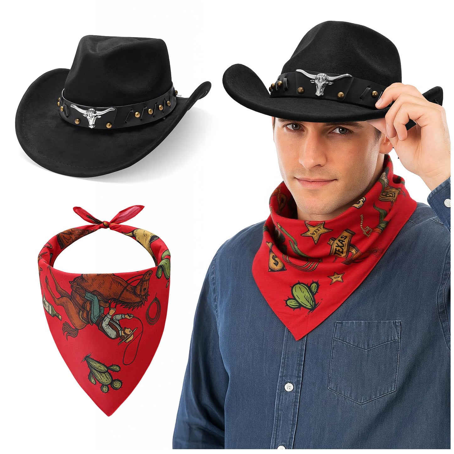 SUOSDEY Cowboy Western Hats for Men with Bandanas Costume Set Wide Brim Western Style Hat for Rodeo Party Favors