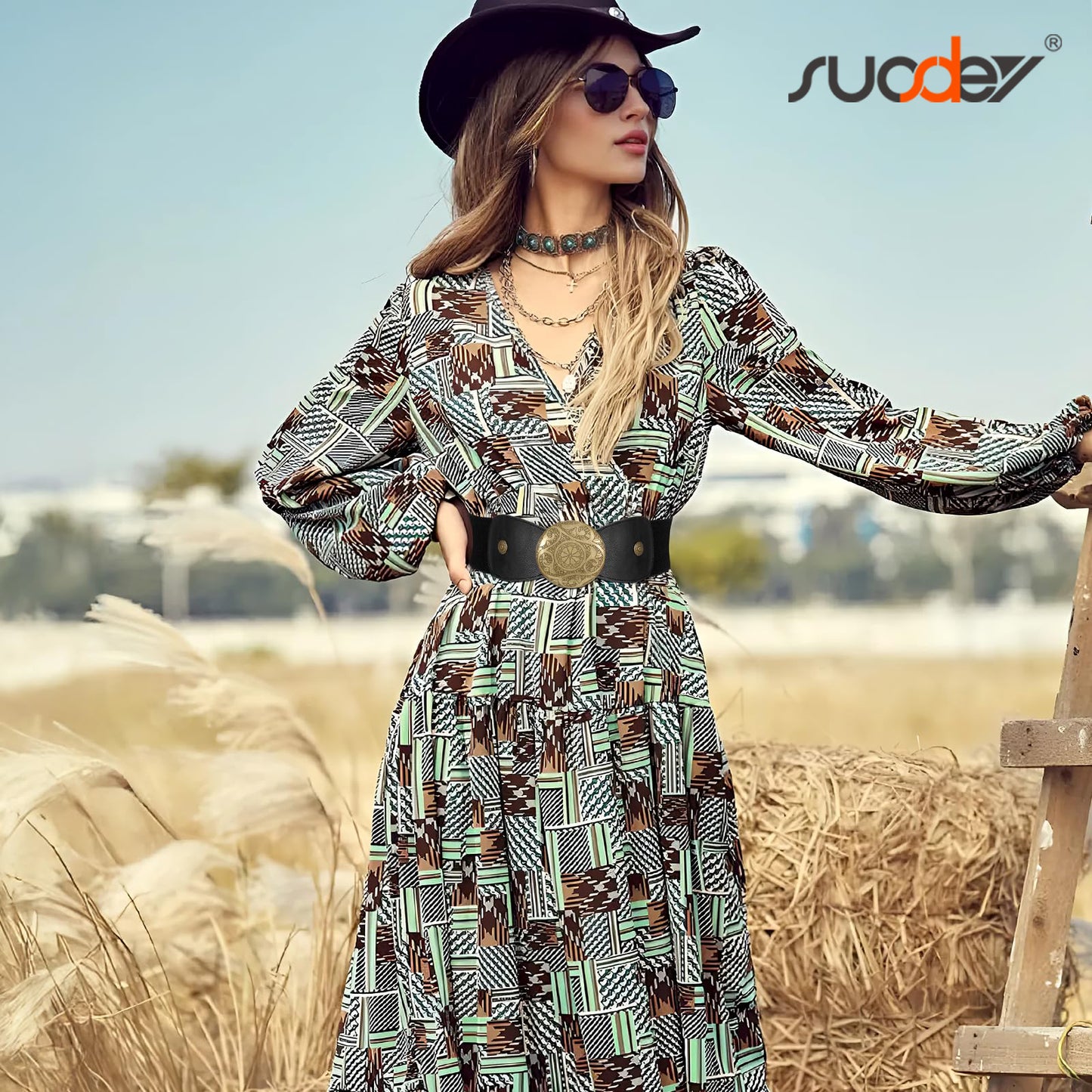 SUOSDEY Women Wide Elastic Belt Western Buckle Strecth Waist Belt for Dress