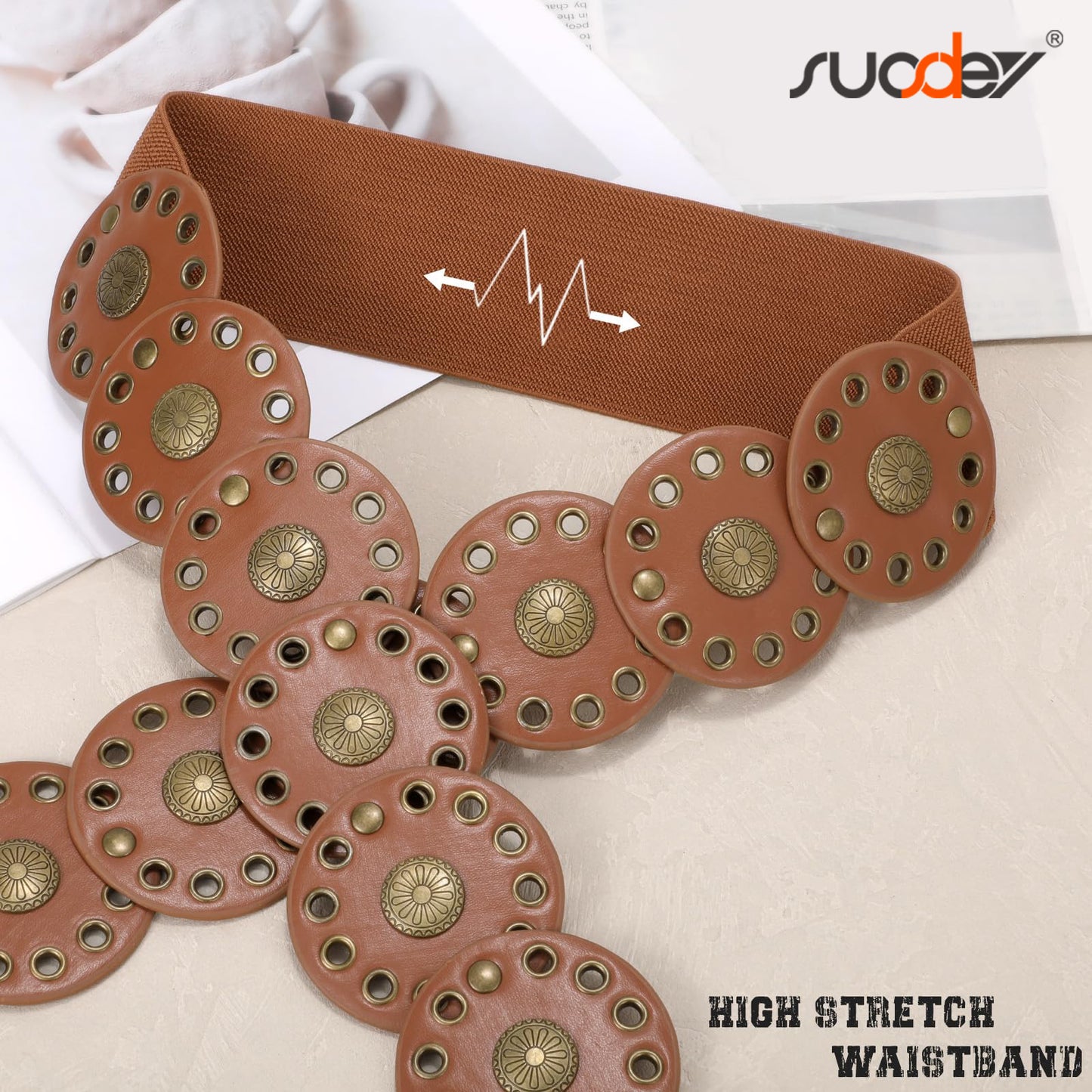 SUOSDEY Women's Hollow Western Disc Belt Concho Stretch Cowgirl Leather Wide Waist Belt for Dresses Jeans