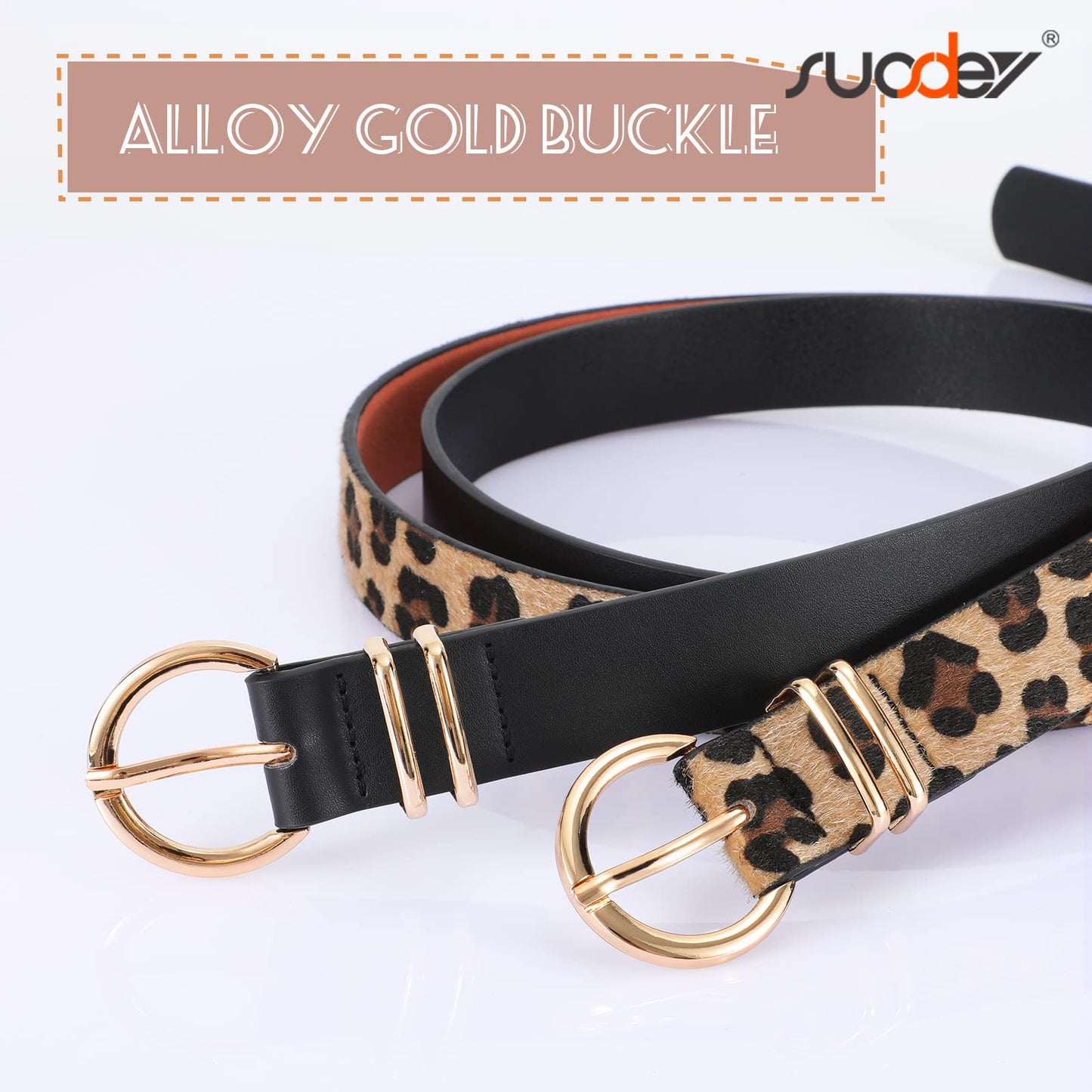 SUOSDEY Plus Size Leopard Belt for Women Fashion Leather Belt with Gold Curved Pin Buckle