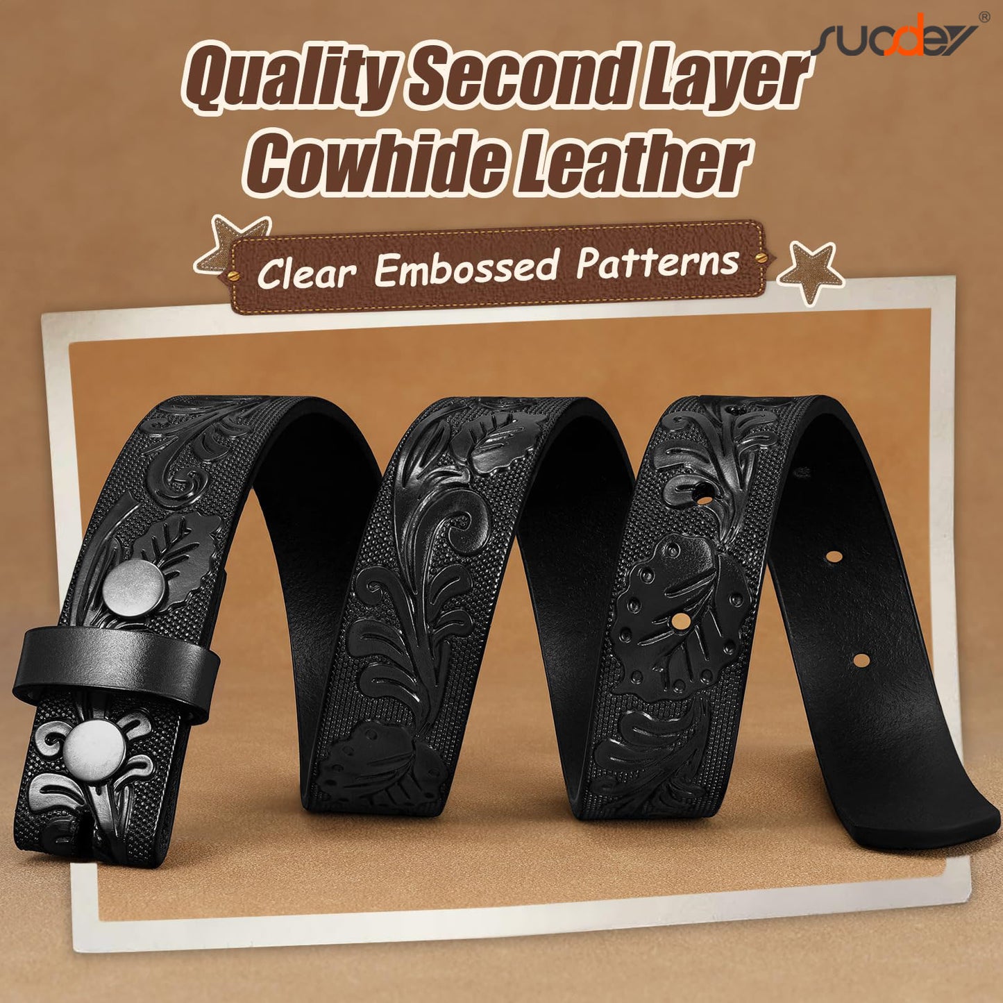 SUOSDEY Kid Western Leather Belts for Boys Girls Embossed Belt for Jeans Pant Dresses Birthday Christmas Gifts