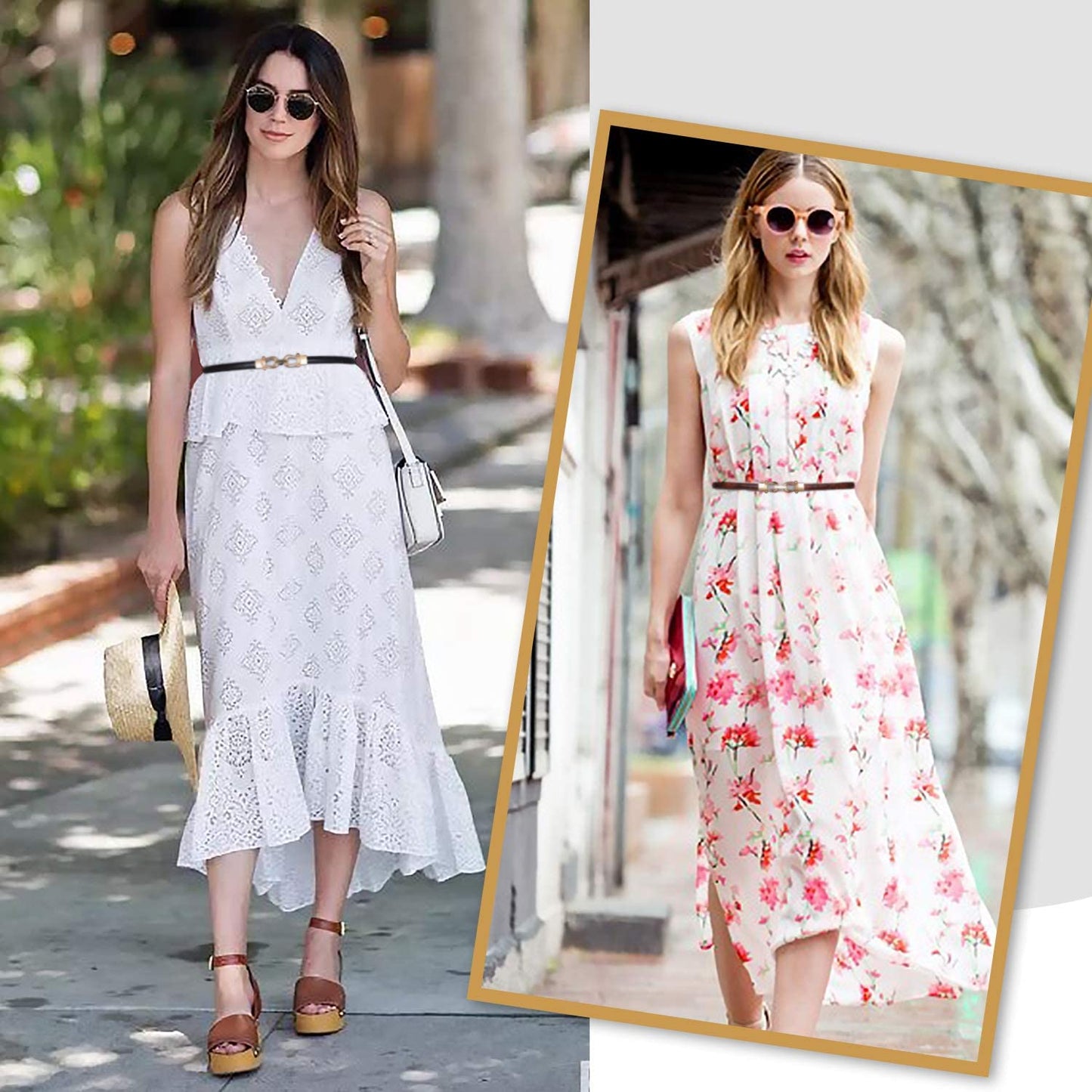SUOSDEY Adjustable Women Thin Waist Belt with Gold Buckle Leather Skinny Waist Belt for Dress 3pack