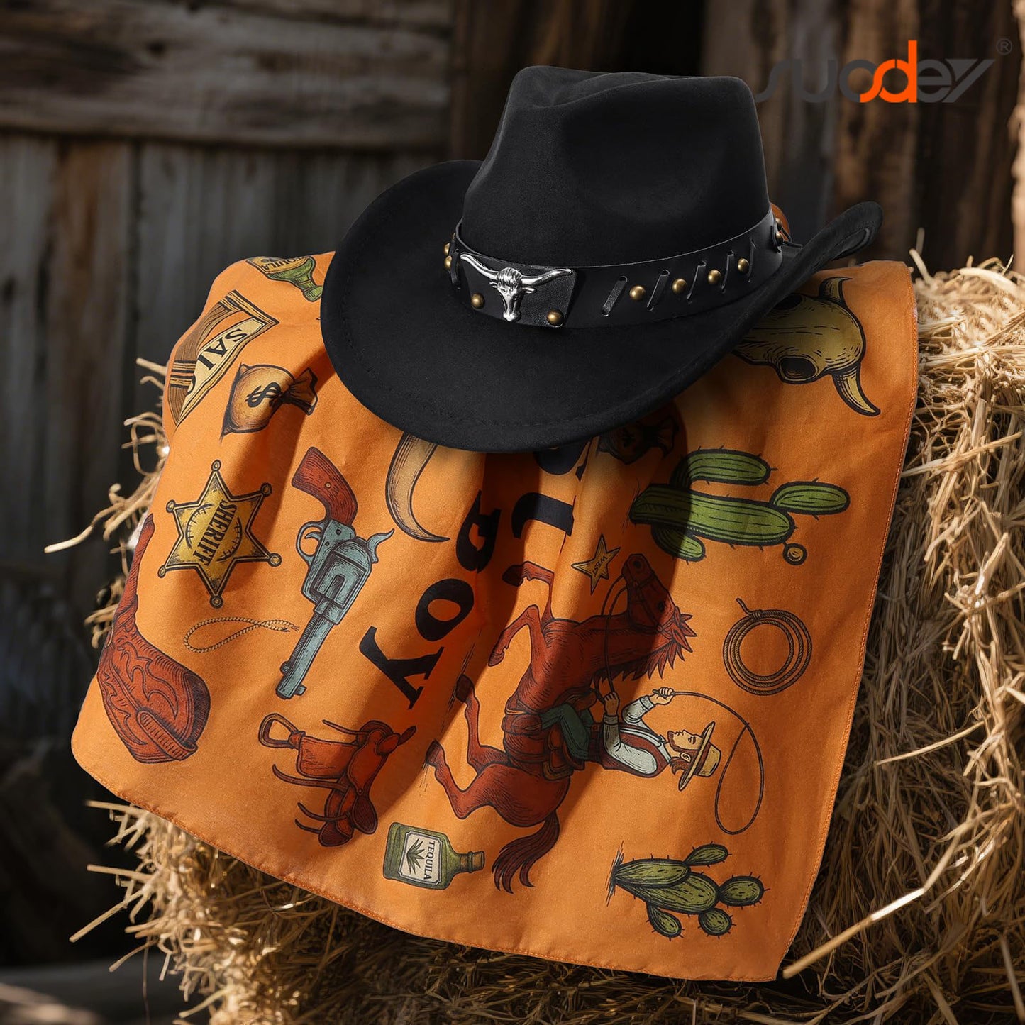 SUOSDEY Cowboy Western Hats for Men with Bandanas Costume Set Wide Brim Western Style Hat for Rodeo Party Favors