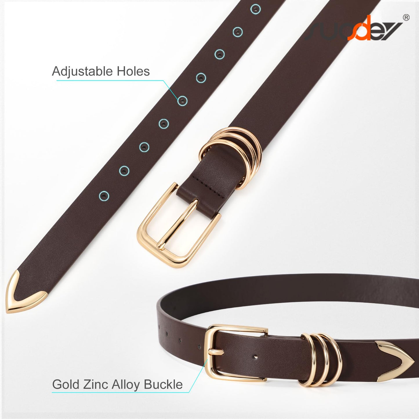 SUOSDEY 3 Pack Women's Leather Belts for Jeans Dress Pants Fashion Ladies Leather Belts with Gold Buckle