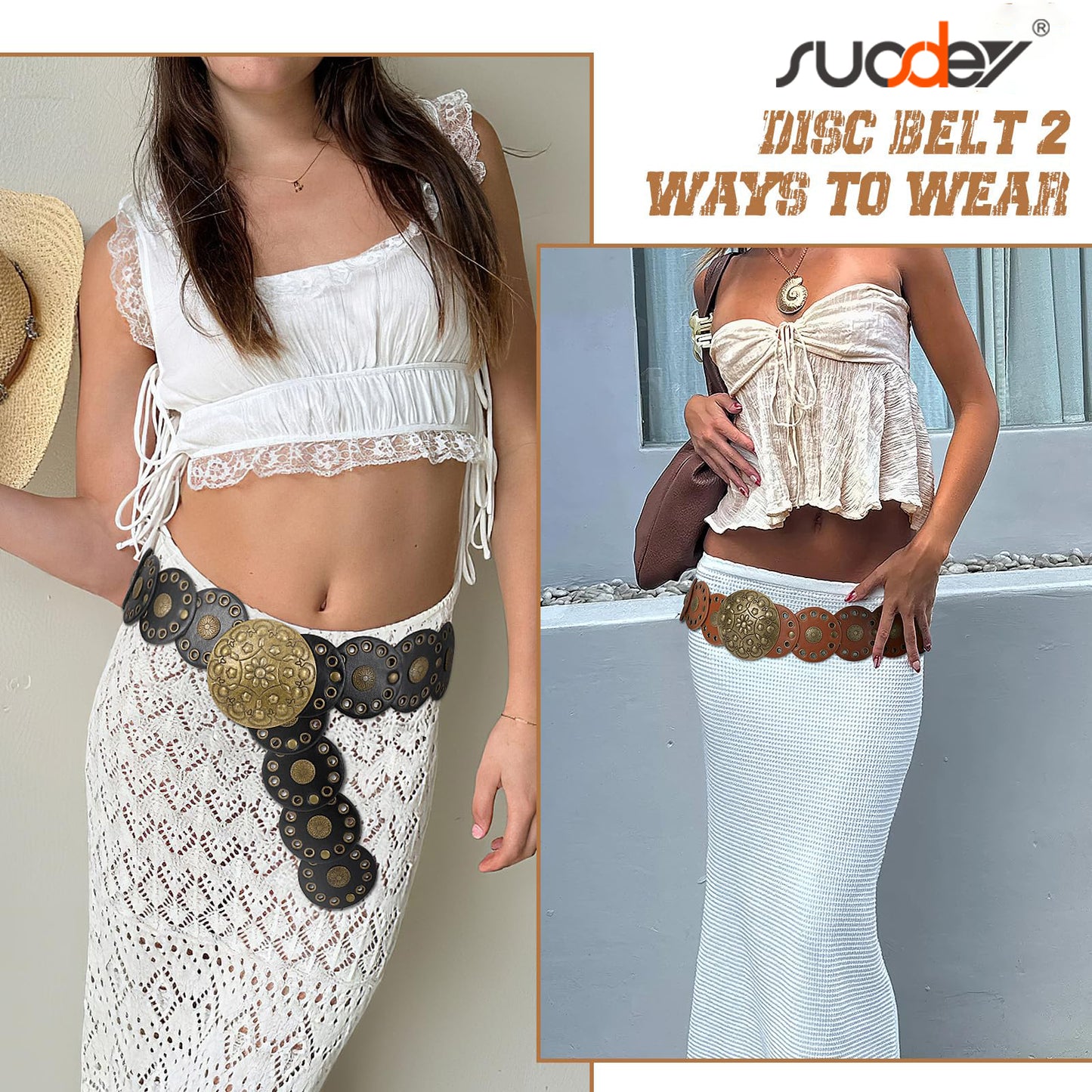 SUOSDEY Women's Hollow Western Disc Belt Concho Stretch Cowgirl Leather Wide Waist Belt for Dresses Jeans
