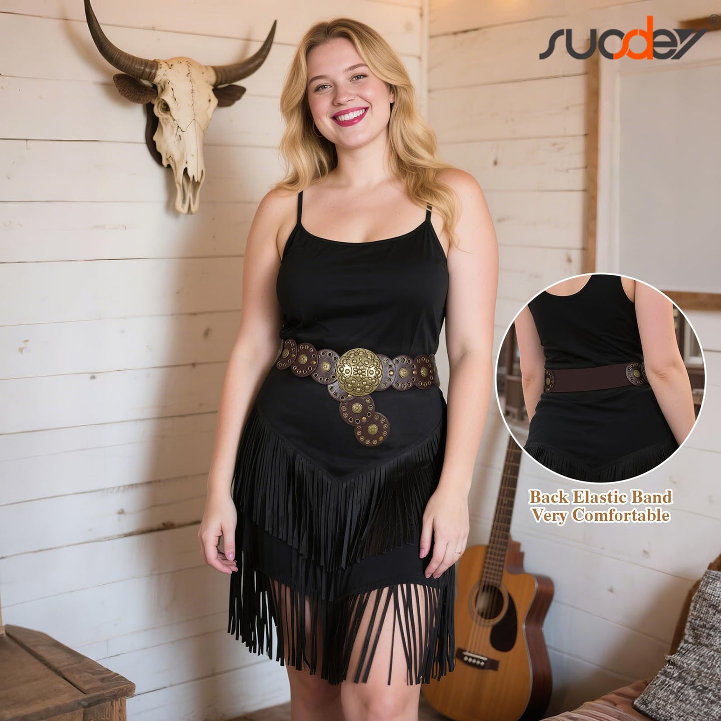 SUOSDEY Women's Hollow Western Disc Belt Concho Stretch Cowgirl Leather Wide Waist Belt for Dresses Jeans