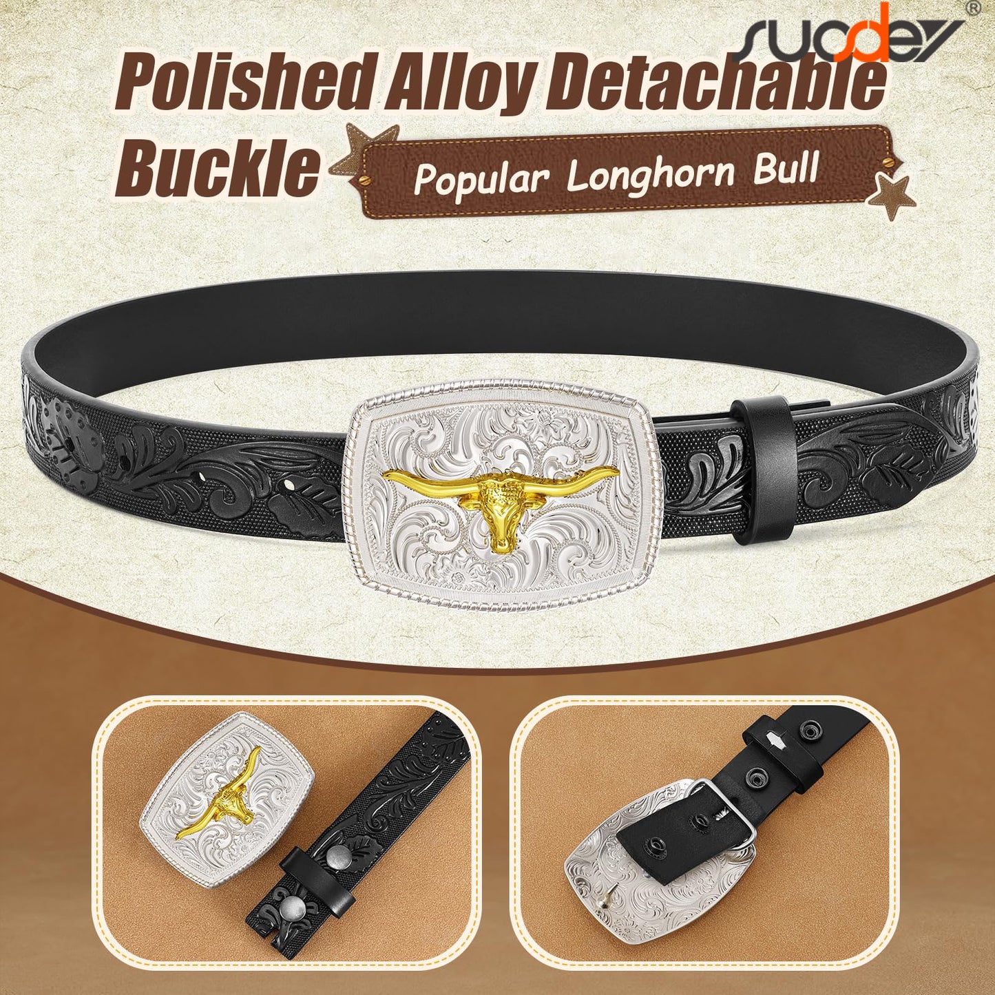 SUOSDEY Kid Western Leather Belts for Boys Girls Embossed Belt for Jeans Pant Dresses Birthday Christmas Gifts