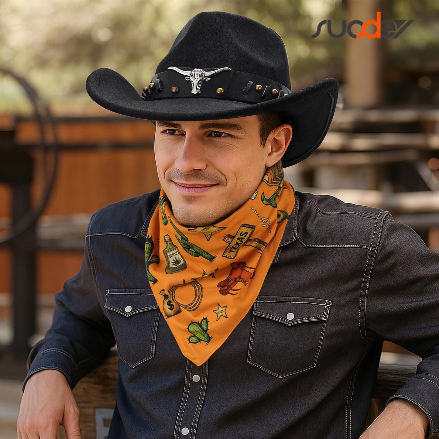 SUOSDEY Cowboy Western Hats for Men with Bandanas Costume Set Wide Brim Western Style Hat for Rodeo Party Favors