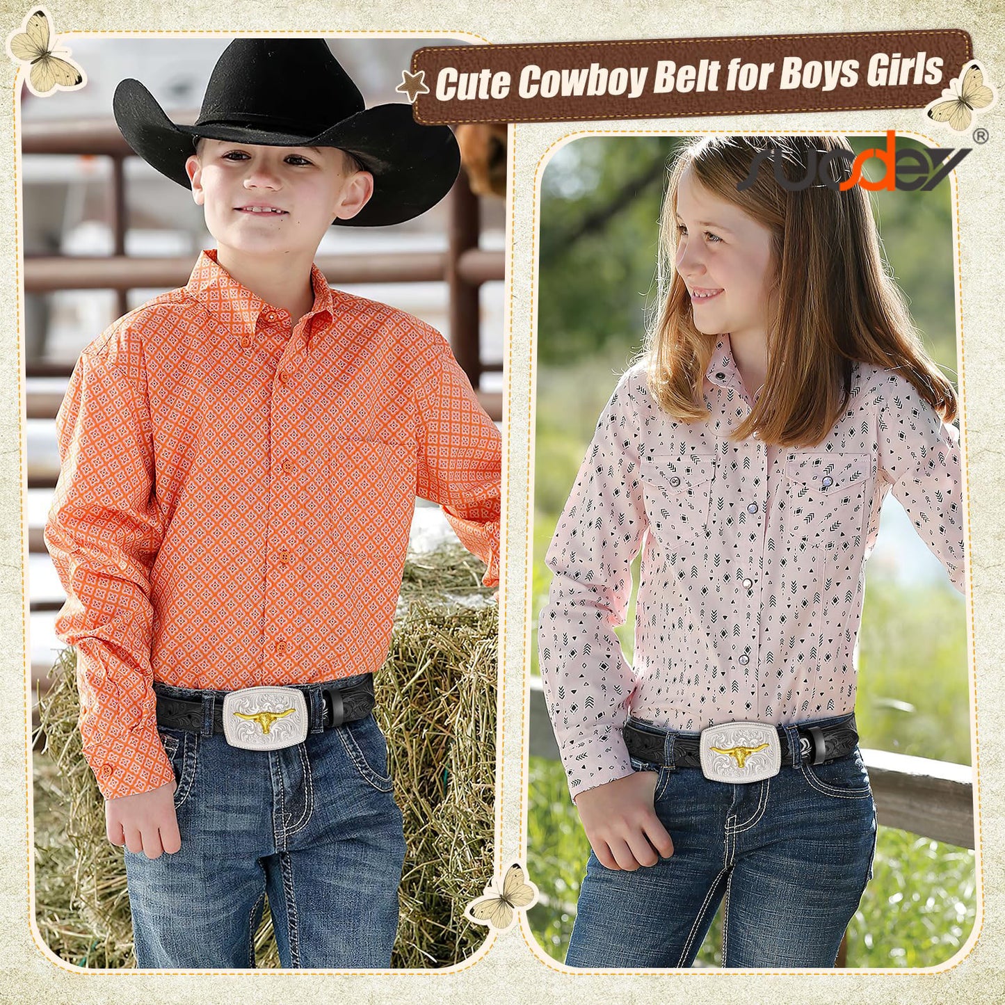 SUOSDEY Kid Western Leather Belts for Boys Girls Embossed Belt for Jeans Pant Dresses Birthday Christmas Gifts