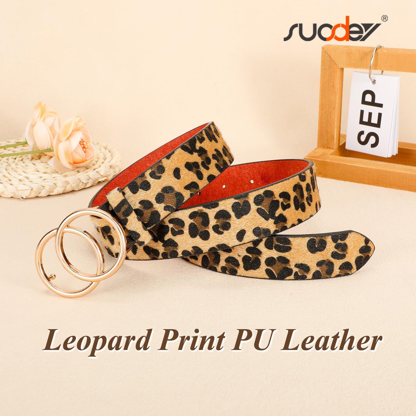 SUOSDEY Plus Size Leopard Belt for Women Fashion Leather Belt with Gold Curved Pin Buckle
