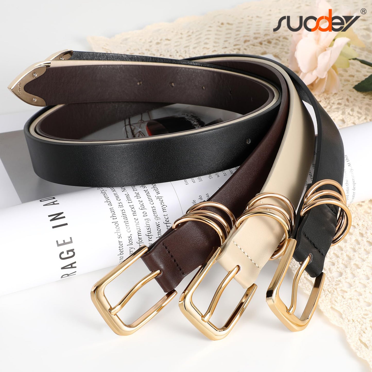 SUOSDEY 3 Pack Women's Leather Belts for Jeans Dress Pants Fashion Ladies Leather Belts with Gold Buckle