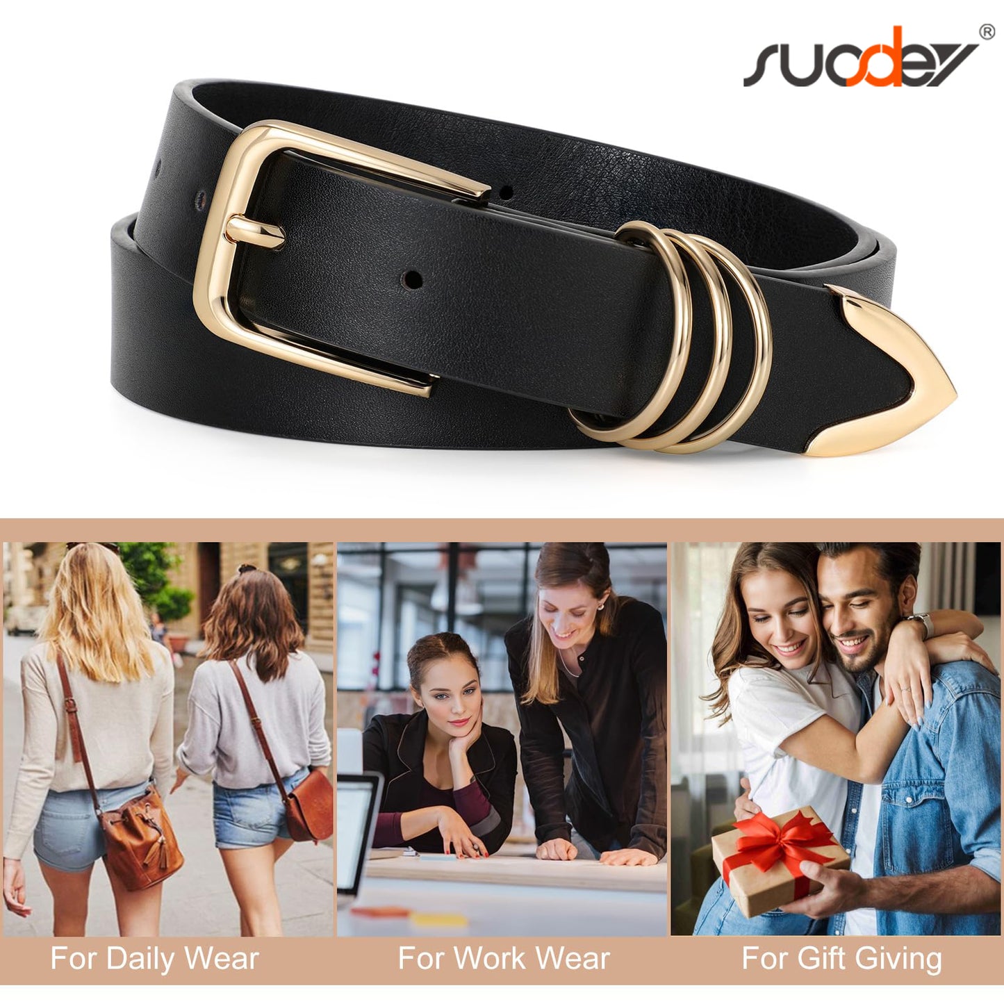 SUOSDEY 3 Pack Women's Leather Belts for Jeans Dress Pants Fashion Ladies Leather Belts with Gold Buckle
