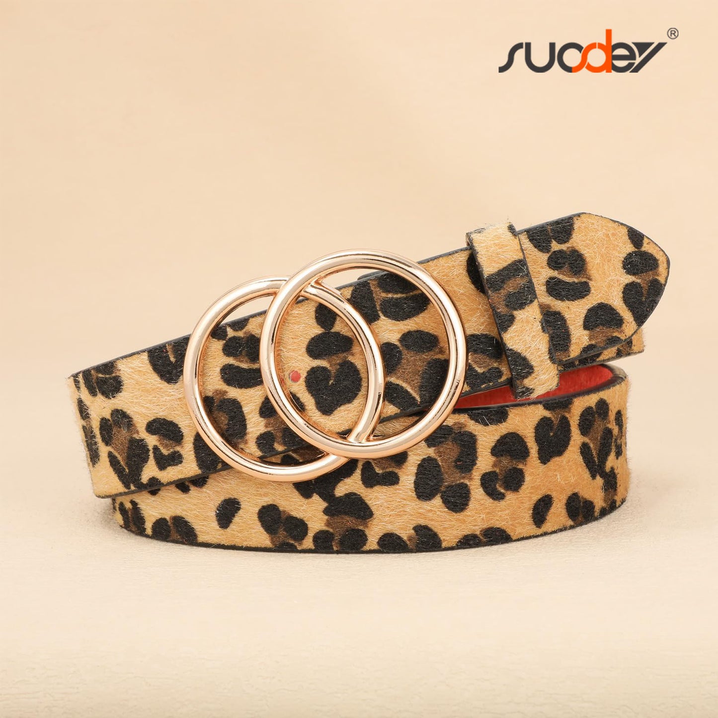 SUOSDEY Plus Size Leopard Belt for Women Fashion Leather Belt with Gold Curved Pin Buckle